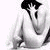Pixelated grayscale image of a person with dark hair wearing a light-colored long-sleeve top, head tilted down and to the right, arms bent at elbows with hands near chest.