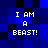 Four identical pixelated text on a blue and black checkered background display 'I AM A BEAST!' in white block letters