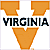 Two identical orange V-shaped symbols with black text 'VIRGINIA' above and below on white background, adjacent to a diagonal blue banner reading 'CoolBuddy.com'