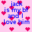 Pixelated pink background with blue text reading "jack is my bf and I love him" surrounded by red heart symbols.