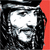 Pixelated static image of a person with dark hair and white face, set against black background with red vertical stripe on right.
