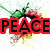 Four quadrant with text overlays: 'PEACE' in red, 'LOVE' in yellow, 'AND' in pink, and 'HAPPINE' in green over a smiley face