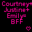 Pixelated pink text on black background lists names with symbols and two heart icons below.
