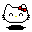 Pixel art of a white cat face with black outlines, red bow, yellow nose, and closed eyes on gray background.