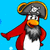 Pixelated penguin in pirate costume with red coat, gray beard, and tricorn hat against blue background.