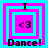 Four identical pixelated icons arranged in a , each with cyan and magenta concentric squares, black text 'I' and 'Dance!', and a '<3' symbol