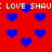 Red background with scattered blue pixelated hearts and repeated white text reading 'LOVE SHAU: LOVE SHAU' across the image.