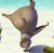 A pixelated brown and gray animal figure with a rounded body, long limbs, and a small tail stands against a light blue and white background.
