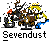 Animated contact sheet showing 16 sequential frames of a pixel art animation featuring cartoon band members and a transforming object, with "Sevendust" text below each frame on gray background.