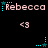 Pixelated text 'Rebecca' with cyan stars and '<3' symbols on black background, alternating between static and animated states with star and heart symbols changing color and position.