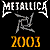 Animated contact sheet of Metallica's St. Anger album art featuring repeated red and white skull faces, yellow '2003' text, and band logo on black background with gray transparency area.