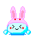 Pixel art bunny with light blue body, pink ears, red eyes and cheeks, closed eyes in first view, open eyes in second view.