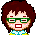 Pixel art avatar with brown hair, green glasses, and a blue-and-yellow shirt showing mouth and sweat effects across frames.