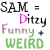Static image of text-based icon with 'SAM = Ditzzy Funny + WEIRD' repeated in three , each showing color variations across the words