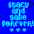 Pixelated blue text on blue background reads 'stacy and gabe FOREVER! FOREVER!' with three small hearts below, one heart above 'stacy' is black.