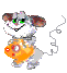Animated cartoon mouse with white fur, brown ears, green eyes, and a smiling mouth holding an orange heart-shaped object against gray background.