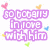Pixelated text in purple and pink with small heart and star shapes scattered around on a white background.