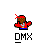 Pixelated character in red jacket with blue waistband, brown checkered headwrap, and raised arm pose above stylized 'DMX' text on gray background.