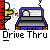 Animated contact sheet showing a drive-thru sequence with a yellow stick figure and purple car moving through red service windows, labeled "Drive Thru" in pixelated text below each frame.