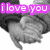 Pixelated image with pink text 'iloveyou' over grayscale cartoon character head, black hair and gray face visible.