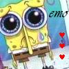 Yellow cartoon character with large blue eyes, brown shorts, and a white undershirt, standing against a blue background with red hearts and partial text.