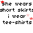 Text repeats 'she wears short skirts' and 'i wear tee-shirts' with scattered red stars on a white background.