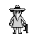 Pixel art character with long beak mask, wide-brimmed hat, and light-colored tunic holding dark object against gray background.