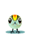 Pixelated bird avatar with green body, yellow-orange crest, black eyes, and blue feet on light blue base