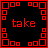 A 48x48 pixel animated contact sheet showing three frames of a red and black text-based icon with the words "take," "me," and "away" displayed sequentially in different positions within a square border made of red squares.