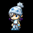 Pixelated character with light blue and white hat, purple earrings, blue eyes, and light blue outfit against black background.