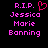 Pixelated text in pink and red on black background, with 'R.I.P.' above names Jessica Marie Banning and a heart symbol.