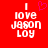 Red background with white pixelated text reading "I love Jason Loy" and a pink heart symbol above the word "love" in one frame, while another frame shows identical text without the heart.