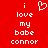 Red background with white pixelated text reading 'i love my babe connor' and a heart symbol above 'i' on the left side.