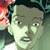 Pixelated cartoon-style face with light green skin, dark hair, and a slightly open mouth showing teeth, set against a blurred background with red and teal elements.
