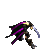 A 6-frame animated contact sheet showing a pixel-art character with purple and black cape, gold headpiece, brown armor, and silver scythe in various poses against gray background.