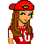 Pixel art contact sheet showing a female character in red sports attire across multiple frames with overlaid text on a gray background.