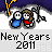 Pixel art animation of two cartoon characters with blue and red accents under a dark sky, transitioning from static to fireworks and cloud movement.