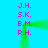 A static image with a bright cyan background, featuring two vertical of pink text and green pixelated lines forming an arch
