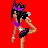 Pixel art of a female figure with dark hair and purple crown, wearing purple top and black skirt, posed with one leg raised, on colored backgrounds with 'Party Addict' text.