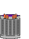 A cartoon cat with orange fur and red nose sits atop a gray trash can, its paws and tail moving through