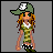 Pixelated character with long brown hair wearing green cap, camouflage dress, white undershirt, and black-and-white shoes on gray background.
