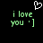 A black background displays green pixelated text reading 'i love you :]'. A white heart outline appears above the left side of the text.