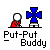 Pixel art of a red-shirted figure with white head and gray pants standing next to a blue cross-shaped object on a gray background, with text below reading "Put-Put Buddy".