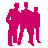 Three stylized figures in solid magenta silhouette on white background, standing side-by-side with arms crossed.