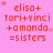 Pixelated pink background with red text reading 'elisa+ tori+vinci +amanda =sisters' and small pink stars, some with subtle animation changes.