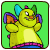 Animated contact sheet of a yellow cartoon character with blue ears, green horns, purple wings, and pink-and-blue clothing against a bright green background.