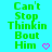 Green text 'Can't Stop Thinkin Bout Him' on cyan background with pink heart and arrow symbols, animated changes in symbol shapes.