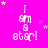 Bright pink background with white pixelated text reading "I am a star!" arranged in three , surrounded by small white and light pink stars