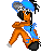 Pixel art icon of a cartoon character with orange skin, black hair, and blue accessories in a dynamic pose against gray background.