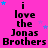 A bright pink background displays repeated text "i love the Jonas Brothers" in black pixelated font, with scattered blue and purple stars.